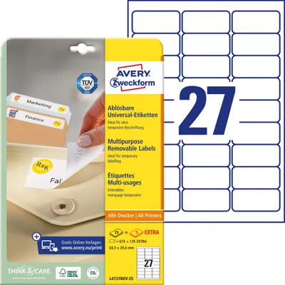 Produktbild von Avery Zweckform L4737REV-25 Universal-Etiketten, 63,5 x 29,6 mm, 25 Blatt/675 Etiketten, weiß