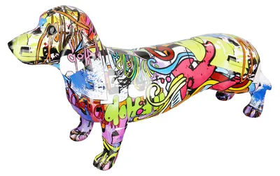 Productafbeelding van Gilde Figuur, Dackel (teckel), "Straatkunst", Graffiti, Kunsthars, meerkleurig, set van 2, L. 40 cm, B. 12 cm, H. 22 cm. Artikelnummer: 37699. EAN: 4063387376997