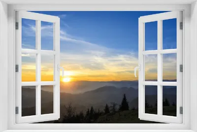 Produktbild von Wallario Poster mit Fenster-Illusion: Sonnenaufgang über dem Schwarzwald, Größe: 100 x 150 cm