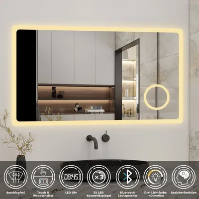 Produktbild von Badspiegel mit Bluetooth 160×80cm Uhr Schminkspiegel Warm/Neutral/Kaltweiß dimmbar Touchschalter Beschlagfrei Wandspiegel mit Explosionsgeschützte