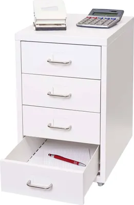 A white metal filing cabinet with four drawers, one of which is open, showing a red pen and some papers. A calculator and a hole punch are on top of the cabinet.