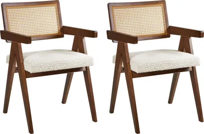 Image de BELIANI Lot de 2 chaises de salle à manger marron et beige clair, structure en bois d'hévéa, assise en bouclé, style rétro, salle à manger, cuisine