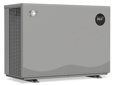 A gray inverter pool heat pump is shown from a three-quarter angle against a light gray background.