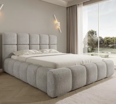 Produktbild von Polsterbett Asti 140×200 cm – grau Bouclé-Stoff – mit Bettkasten und hochklappbarem Lattenrost – modernes Designerbett