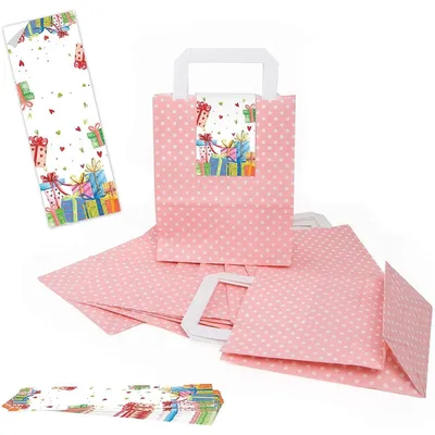 Produktbild von Logbuch-Verlag 5 Papiertüten rosa weiß gepunktet mit Henkel + lange Aufkleber m. bunten Geschenken Herzen - Geschenkverpackung Mitgebseltüte Kindergeburtstag MädchenBunte Geschenke / 5 Stück