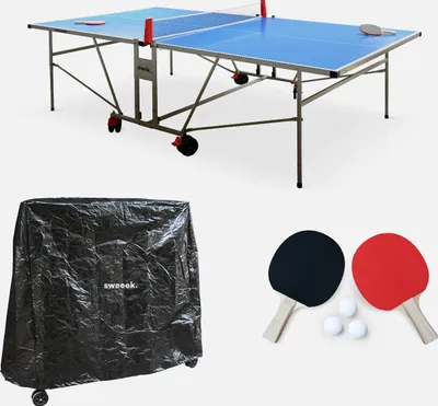 Produktbild von sweeek - Outdoor-Tischtennisplatte premium mit 2 Schlägern und 3 Bällen + Abdeckung - Blau