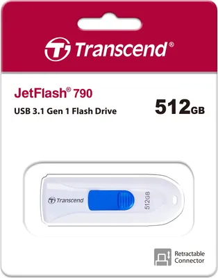 Produktbild von Transcend JetFlash 790, 512 GB, USB Typ-A, 3.2 Gen 1 (3.1 Gen 1), Ohne Deckel, 9 g, Schwarz, Weiß