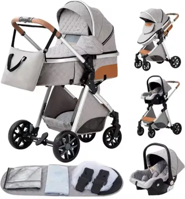 Imagen del producto de Cochecito 3 en 1: Cochecito, moisés, carrito de paseo y asiento de coche. Plegable. Marco de aluminio. Color gris claro