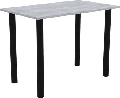A rectangular table with a gray, textured top and four black legs, shown against a white background.