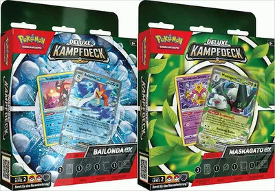 Two Pokemon Deluxe Battle Decks, one with a water/ice theme and the other with a grass theme, are displayed side-by-side.