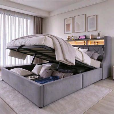 Productafbeelding van Boxspringbed 160 x 200 cm met hydraulische opbergruimte, verstelbaar hoofdeinde, opbergvakken, stopcontact, USB/USB-C poorten, app-bedienbare LED-verlichting, lattenbodem, fluweel, grijs