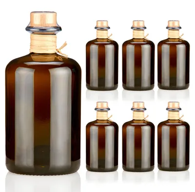 Immagine prodotto di Bottiglia marrone da 500 ml con tappo di sughero, capsule per bottiglie e nastro di carta, 6 bottiglie di vetro marrone da 0,5L, vuote, con sigillo trasparente