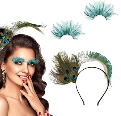 Produktbild von Kopfschmuck mit Pfauenfedern und Wimpern, Haaraccessoire für Karneval, Party