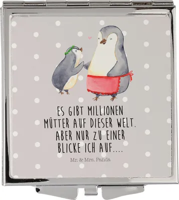 Produktbild von Mr. & Mrs. Panda Frauen Spiegel Pinguin mit Kind - Grau Pastell - Geschenk, Schminkspiegel, Kosmetikspiegel, Klappspiegel, Handspiegel, Mutter, Mom, Kleiner, Muttertag