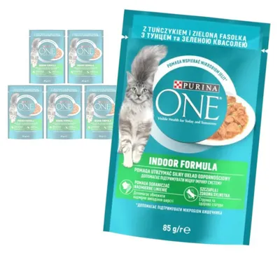 Produktbild von Purina One Indoor Formula 6x85g Nassfutter für Katzen mit Thunfisch und grünen Bohnen