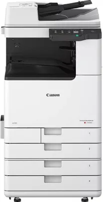 A front view of a white Canon imageRunner C3326i A3 3-in-1 color laser printer with drawers at the bottom.