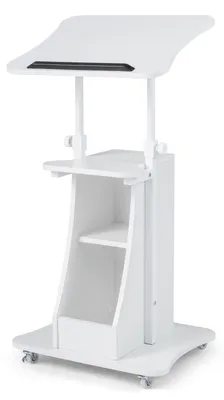 Zdjęcie produktu dla Pult mówcy COSTWAY z regulacją wysokości (72–112 cm) – pult stojący na kółkach, z odchylanym blatem, przegródkami i otwartą półką, mobilne biurko stojące, pult prezentacyjny