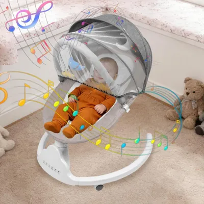 Produktbild von Elektrische Babywippe 6 in 1 mit Rädern Musik und 5 Schwinggeschwindigkeiten 3 Sitzpositionen mit Moskitonetz