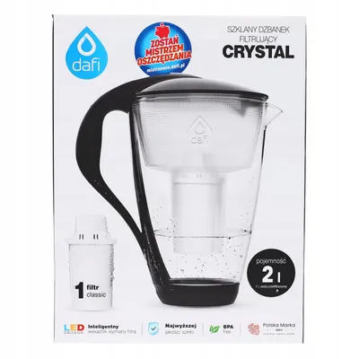 The image shows the packaging of a Dafi Crystal glass water filter jug with a filter and some text and graphics.