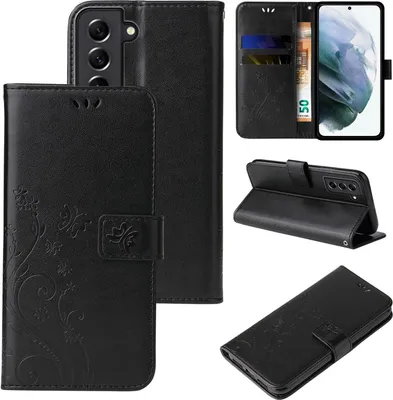 Produktbild von Handyhülle für Samsung Galaxy S21 Floral Blumen Schmetterling Flip Cover Hülle Case Klapphülle Handytasche Farbe: Schwarz