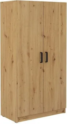 A full-shot image of a two-door wardrobe with a wood-grain finish and black handles.
