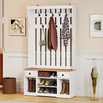 Produktbild von Garderobe mit Schuhbank, Kleiderschrank, Flurgarderobe mit 9 Haken und 2 Stoffschubladen, 100 x 35 x 180 cm, Holz, Weiß
