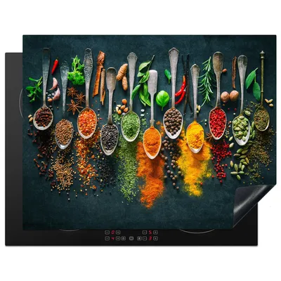 Obrázok produktu pre KitchenYeah® Kryt na varnú dosku bylinky - korenie - lyžica, 77x59cm, kuchynská dekorácia, keramický kryt varnej dosky, krycia doska na varnú dosku