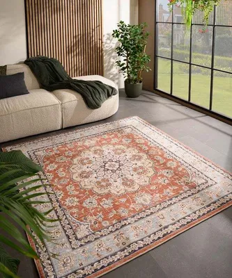 Image de Tapis d'extérieur vintage Unyqoos® Valenca Nova – couleur terre cuite, forme carrée, dimensions 200x200 cm, structure en maille 3D, lavable, pour intérieur et extérieur