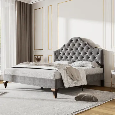 Produktbild von MODFU Polsterbett 140 x 200 cm mit höhenverstellbarem Kopfteil und Lattenrost, Doppelbett Jugendbett aus Samt und Massivholz(Ohne Matratze), Grau