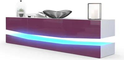 Produktbild von Vladon Lowboard City,  Germany, TV-Kommode mit Sockelelement, 1 offenem Fach und 3 Schubkästen, Weiß matt/Brombeer Hochglanz, inkl. LED-Beleuchtung (178 x variabel x 39 cm)
