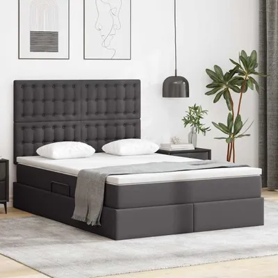 Imagen del producto de Maison Exclusive: Cama con espacio de almacenamiento y luces LED, color gris, 140 x 190 cm, tapizada en cuero sintético