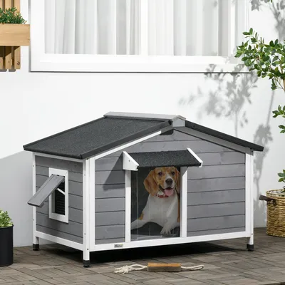 Produktbild von SUGIFT Hundehütte aus Massivholz, wetterbeständig, öffnbares Asphaltdach, Tannenholz, Grau+Weiß | 109x79x72 cm | bis 20 kg