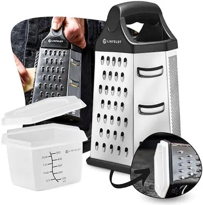 Productafbeelding van Zeszijdig rasp, roestvrij staal, keukenrasp met opvangbak - roestvrij, vaatwasmachinebestendig, 23x14cm. Multifunctionele rasp voor de keuken - keukenrasp met opvangbak en handvat