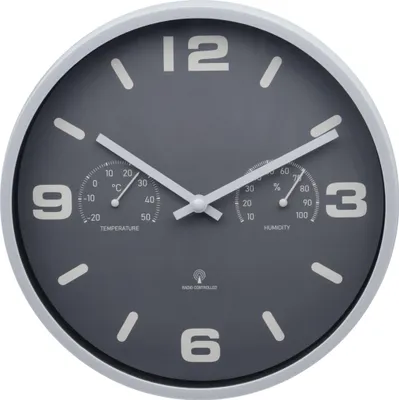 Produktbild von Design Funk-Wanduhr mit Kunststoffgehäuse 250 mm geräuschlos Thermometer Hygrometer