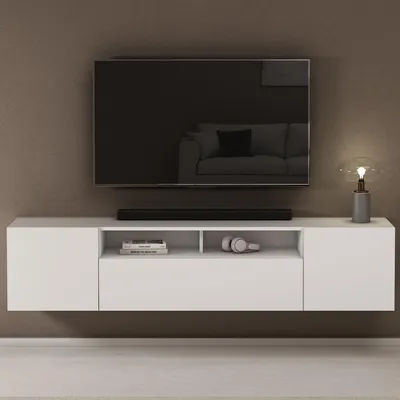 Image de doporro Meuble TV Bas 180x34,4x39cm Armoire TV Blanc Mat Table de Télévision Salon avec 3 Portes Meuble TV Suspendu Fernsehschrank03