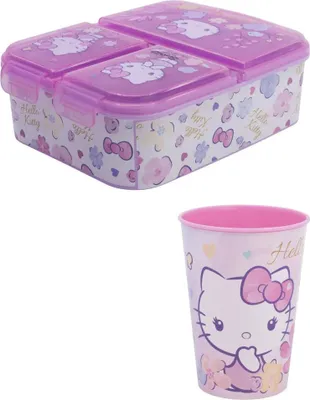 Produktbild von Hello Kitty 2 tlg. Lunch Set Brotdose mit 3 Kammern Trinkbecher 260 ml