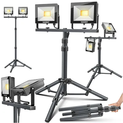 Produktbild von MASKO® LED Baustrahler mit Stativ Fernbedienung 100W Doppel 2x 50W Strahler 6500K Arbeitsleuchte Arbeitsscheinwerfer 5m Bauscheinwerfer Baustellenlampe innen außen höhenverstellbar bis max. 202cm