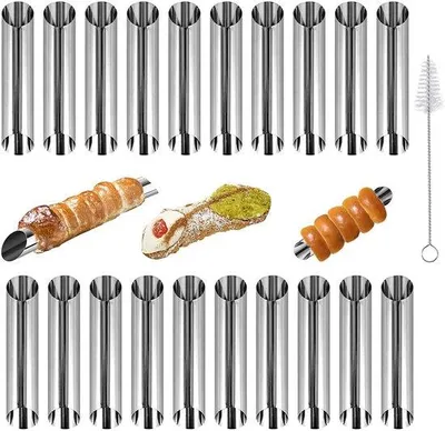 Productafbeelding van Ibenzoa® 21-delige cannoli-vormset – 20 roestvrijstalen buisjes (elk 12,5 cm) + reinigingsborstel, vormen voor cannoli, crèmehoorntjes, geschikt voor oven en frituur