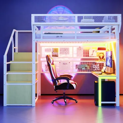 Produktbild von okwish Hochbett 140×200 mit Sicherheitsleiter Jugendbett mit Schreibtisch und Regal Einzelbett mit LED und Steckdosen für Kinder und Jugendliche Weiß(ohne Matratze)