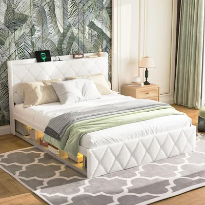 Produktbild von Polsterbett 140x200 cm Weiß Teddy-Stoff Doppelbett mit USB-Ladefunktion, LED-Licht & 6 Schubladen, Stabiles Stauraumbett Belastbarkeit 363kg (800 lbs)