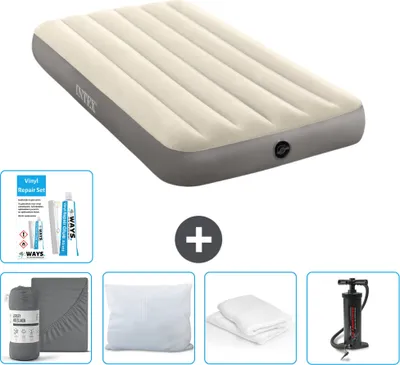 Zdjęcie produktu dla Łóżko powietrzne Intex - 1 osoba - 99 x 191 x 25 cm - beżowe - w zestawie prześcieradło - pocałunek - pompka - zestaw naprawczy i ochraniacz na poduszkę