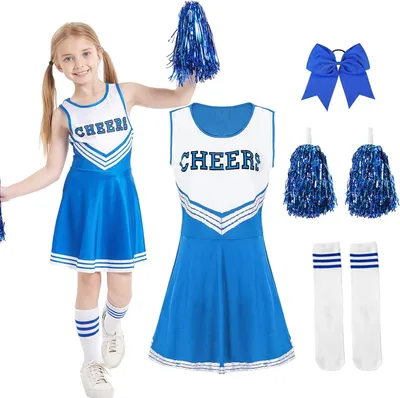 Produktbild von Karnevalskleid für Mädchen, Cheerleader Kostüm, mit Pompom und Schleifen Haarnadeln, für Partys