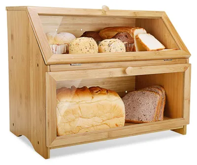 Imagen del producto de Caja de pan de bambú, de 2 niveles, con ventana transparente, diseño moderno, 39x25x32 cm, color natural