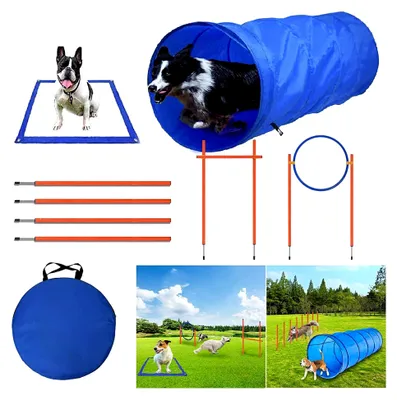 Produktbild von Agility-Ausrüstungsset für Hunde mit Hindernissen, Hundetunnel, Stangen und höhenverstellbarer Hürdenstange