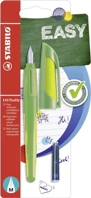 Obrázek produktu pro Školní plnicí pero se standardní tuhou M - STABILO EASYbuddy v barvě limetková/zelená - barva psaní modrá (smazatelná) - jedno pero - náplň je součástí balení