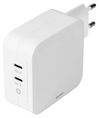 Immagine prodotto di Caricabatterie da parete Deltaco Dual USB-C PD, GaN, 100W - Bianco