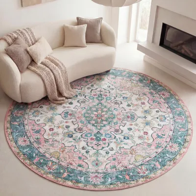 Image de Volero - Tapis vintage rond - Lily Oriental Bleu/Rose - Ø 120 cm
