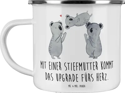 Produktbild von Mr. & Mrs. Panda Teetasse Herz Stiefmutter - Weiß - Geschenk, Liebe, Emaille Becher, Haferl, Upgrade, Tasse, Pott, Familie, Teebecher, Stiefkind, Familienbindung