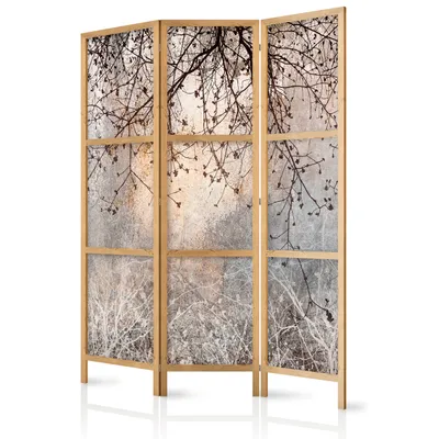 Produktbild von Paravent Bäume 135x171 cm 3-teilig einseitig eleganter Sichtschutz Raumteiler Trennwand Raumtrenner Holz Design Motiv Deko Home Office Botanik Natur Winter Pflanzen b-C-10084-bh-b