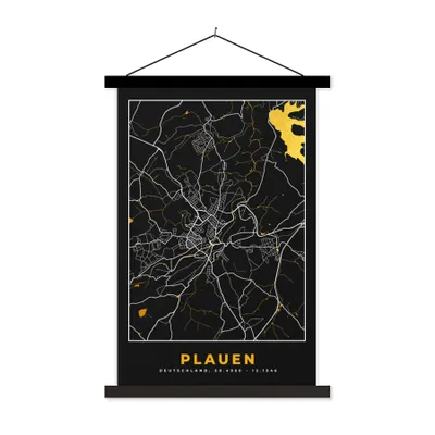 Produktbild von MuchoWow® Textilposter Plauen - Stadtplan - Karte - Gold - Deutschland 60x90 cm mit schwarzem Rahmen - Poster Wohnzimmer